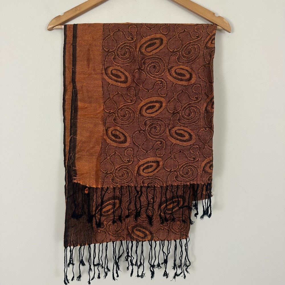 Pashmina Scarf Shawl Rust Orange Paisley Woven Cashmere Silk Fringe Hem Womens